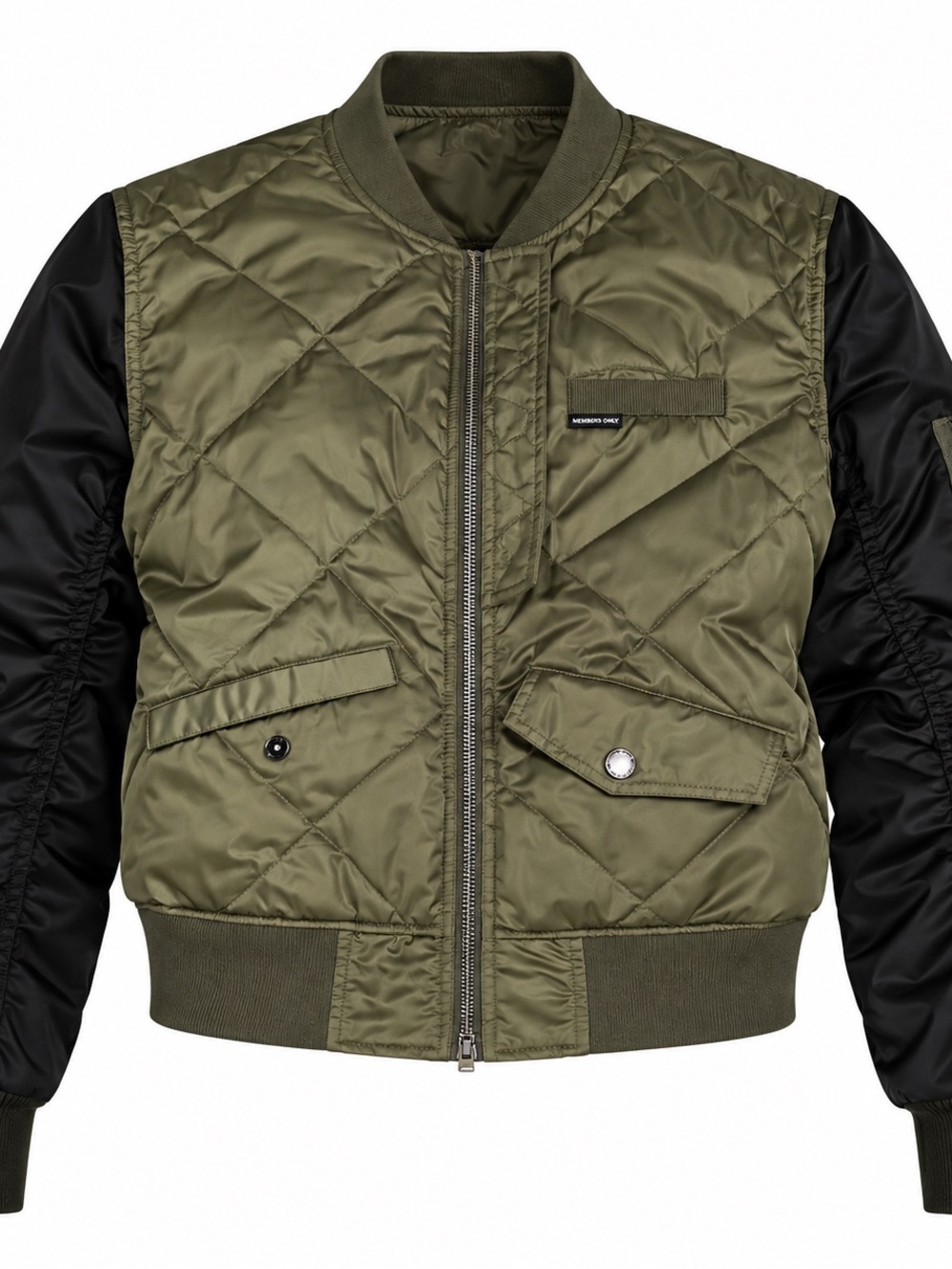 Members Only Olive Green Quilted Bomber Jacket with Black Sleeves